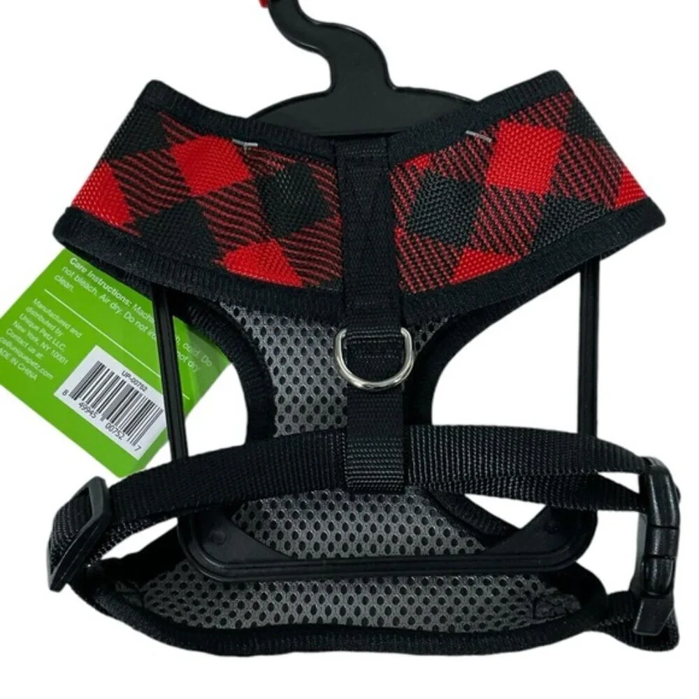 Unique Petz Dog Harness XS Adjustable Comfy Red Black Tartan Plaid Size XS